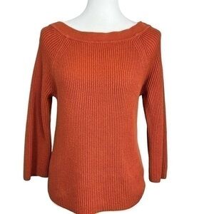 J. Crew 100% Cotton Ribbed Off Shoulder Sweater Medium Rust Orange Knit Pullover